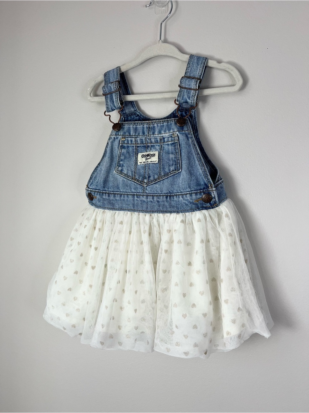 OshKosh B'gosh Girl 24M Light Blue Denim Overall Dress Jumper Tulle Heart Skirt